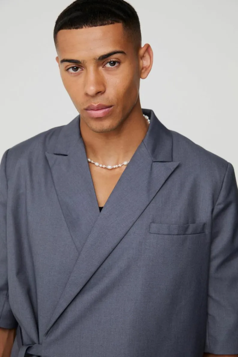 Fashion boohoo Short Sleeve Tie Side Suit Set in charcoal
