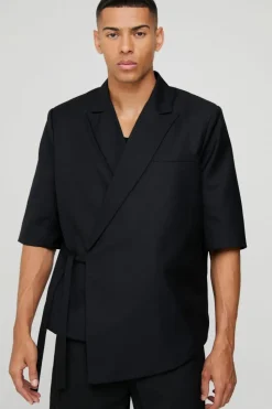 Fashion boohoo Short Sleeve Tie Side Suit Set in black