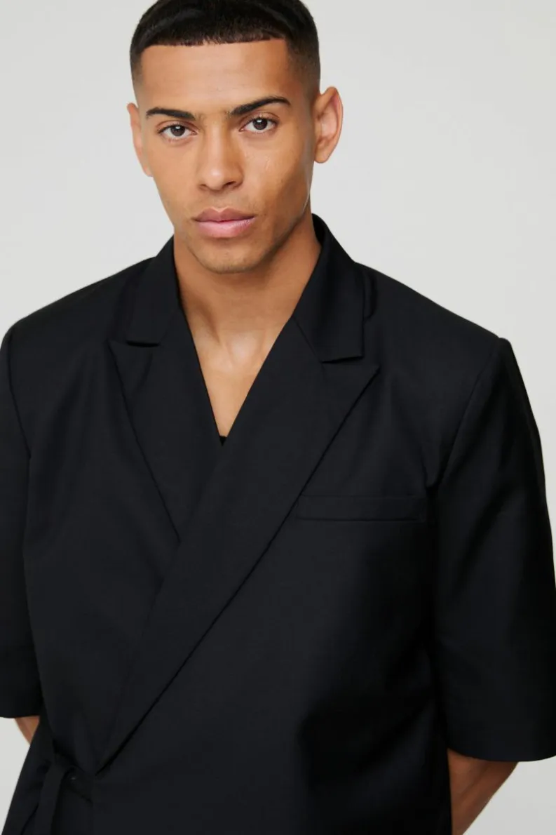 Fashion boohoo Short Sleeve Tie Side Suit Set in black