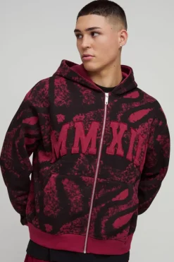 Cheap boohooMAN Shrunken Fit AOP Squiggle Applique MMXIII Zip Through Hoodie berry