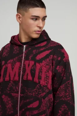 Cheap boohooMAN Shrunken Fit AOP Squiggle Applique MMXIII Zip Through Hoodie berry