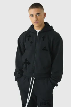 New boohooMAN Shrunken Zip Through Flocked Cross Hoodie black