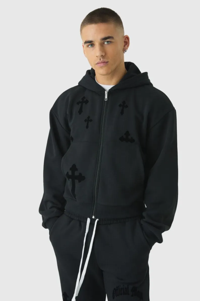 New boohooMAN Shrunken Zip Through Flocked Cross Hoodie black