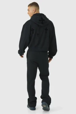 New boohooMAN Shrunken Zip Through Flocked Cross Hoodie black