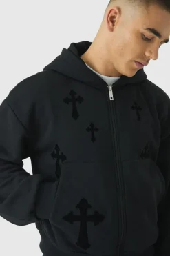 New boohooMAN Shrunken Zip Through Flocked Cross Hoodie black