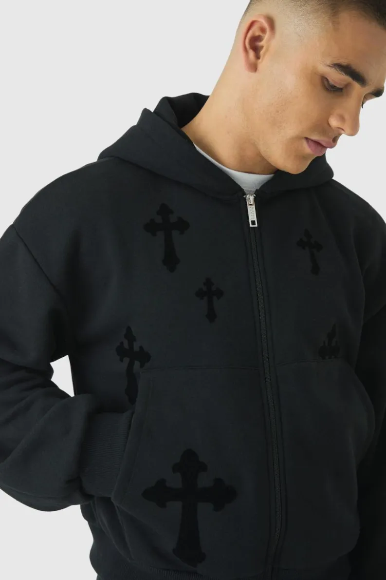 New boohooMAN Shrunken Zip Through Flocked Cross Hoodie black