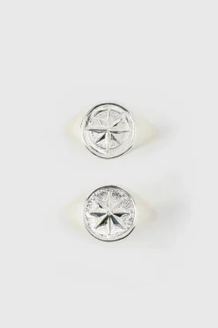Shop boohooMAN Compass Rings In A 2 Pack silver