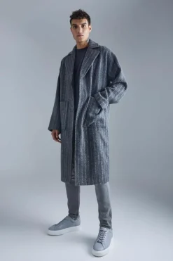 Outlet boohooMAN Single Breasted Brushed Stripe Overcoat grey