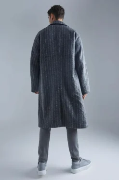 Outlet boohooMAN Single Breasted Brushed Stripe Overcoat grey