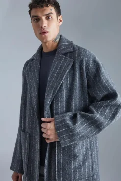 Outlet boohooMAN Single Breasted Brushed Stripe Overcoat grey