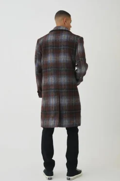 Shop boohooMAN Single Breasted Check Overcoat In blue