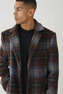 Shop boohooMAN Single Breasted Check Overcoat In blue
