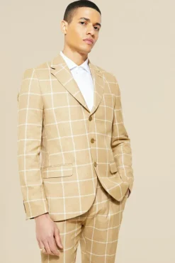 Flash Sale boohooMAN Single Breasted Check Slim Suit Jacket beige