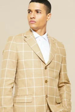 Flash Sale boohooMAN Single Breasted Check Slim Suit Jacket beige