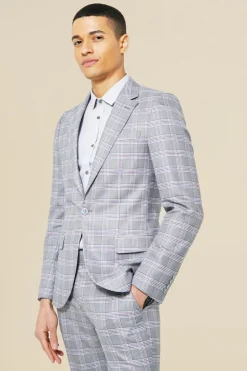 Sale boohooMAN Single Breasted Skinny Check Suit Jacket grey