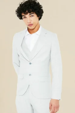 Shop boohooMAN Single Breasted Skinny Textured Suit Jacket grey