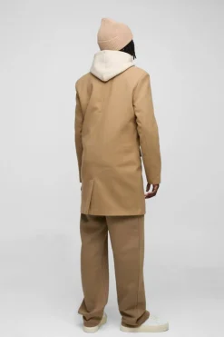 Online boohooMAN Single Breasted Wool Look Overcoat in camel