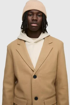 Online boohooMAN Single Breasted Wool Look Overcoat in camel