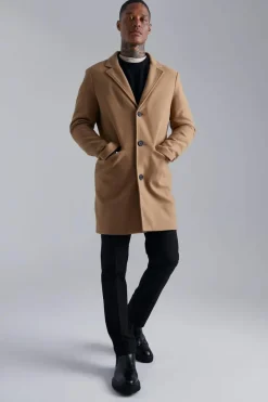 Online boohooMAN Single Breasted Wool Look Overcoat in camel
