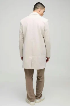 Shop boohooMAN Single Breasted Wool Look Overcoat in beige