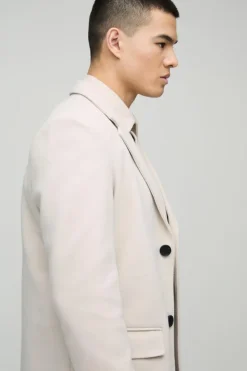 Shop boohooMAN Single Breasted Wool Look Overcoat in beige