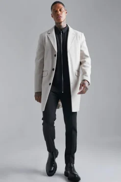 Shop boohooMAN Single Breasted Wool Look Overcoat in beige
