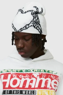 Flash Sale boohooMAN Skeleton Heart Graphic Beanie in white