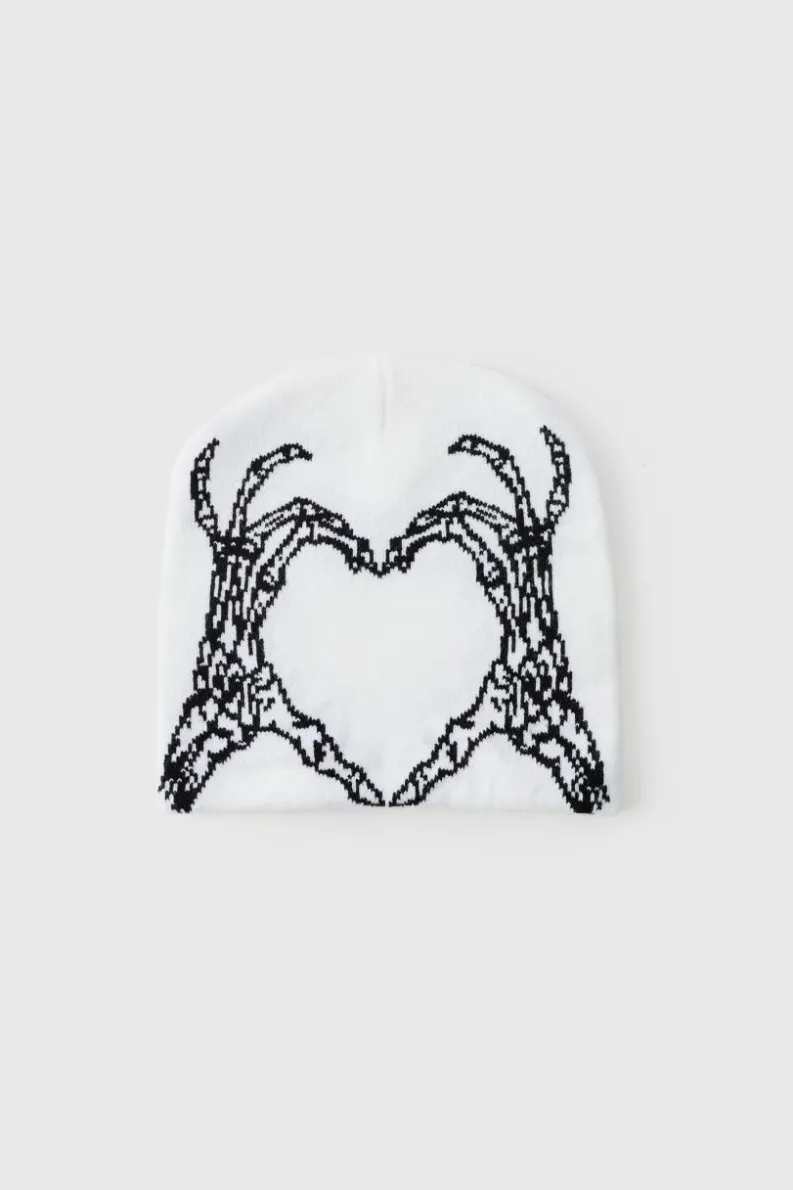 Flash Sale boohooMAN Skeleton Heart Graphic Beanie in white