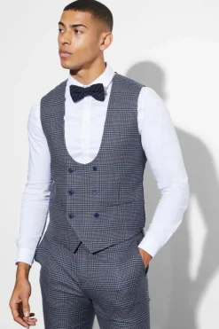 Best boohooMAN Skinny Double Breasted Check Waistcoat navy