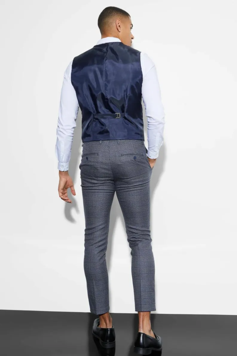 Best boohooMAN Skinny Double Breasted Check Waistcoat navy