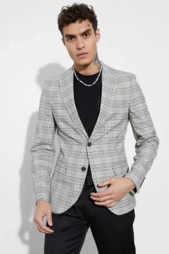 Clearance boohooMAN Skinny Fit Check Suit Jacket beige