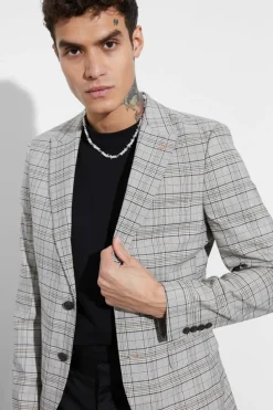 Clearance boohooMAN Skinny Fit Check Suit Jacket beige
