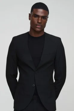 Cheap boohooMAN Skinny Fit Collarless Single Breasted Blazer black