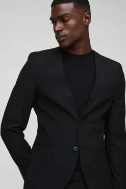 Cheap boohooMAN Skinny Fit Collarless Single Breasted Blazer black