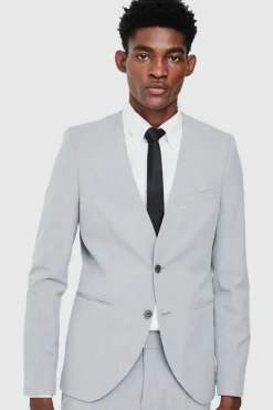 Cheap boohooMAN Skinny Fit Collarless Single Breasted Blazer grey