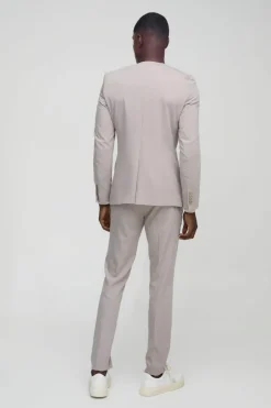 Hot boohooMAN Skinny Fit Collarless Single Breasted Blazer stone