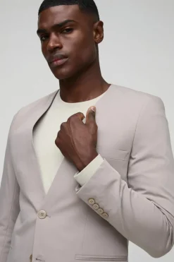 Hot boohooMAN Skinny Fit Collarless Single Breasted Blazer stone