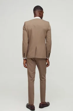 Store boohooMAN Skinny Fit Collarless Single Breasted Blazer khaki