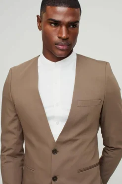 Store boohooMAN Skinny Fit Collarless Single Breasted Blazer khaki