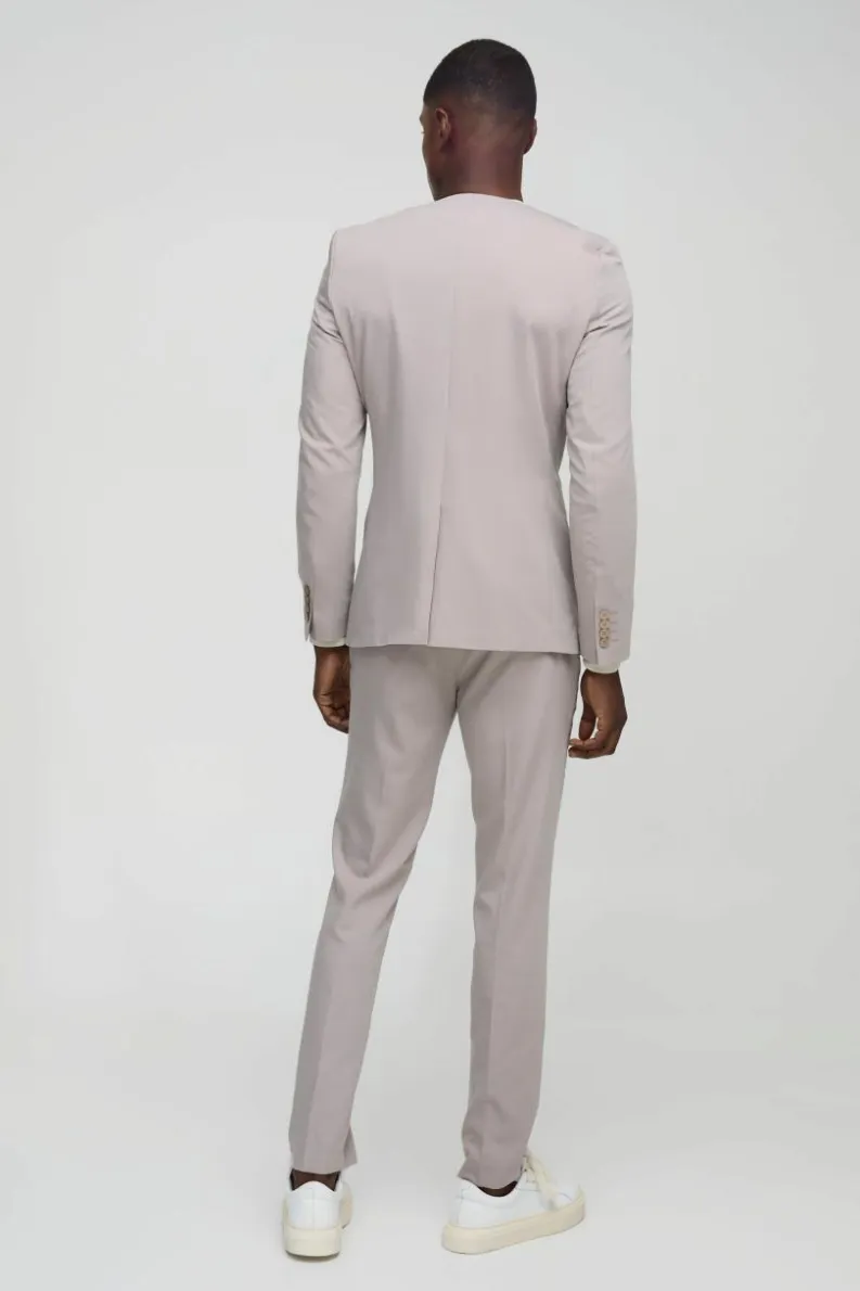 Cheap boohoo Skinny Fit Collarless Suit stone