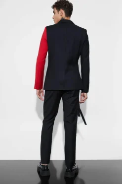 Fashion boohooMAN Skinny Fit Colour Block Panel Suit Trouser red