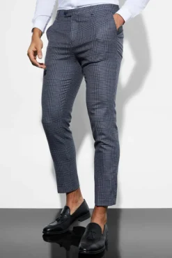 Cheap boohooMAN Skinny Fit Cropped Check Suit Trousers navy