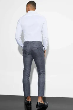 Cheap boohooMAN Skinny Fit Cropped Check Suit Trousers navy