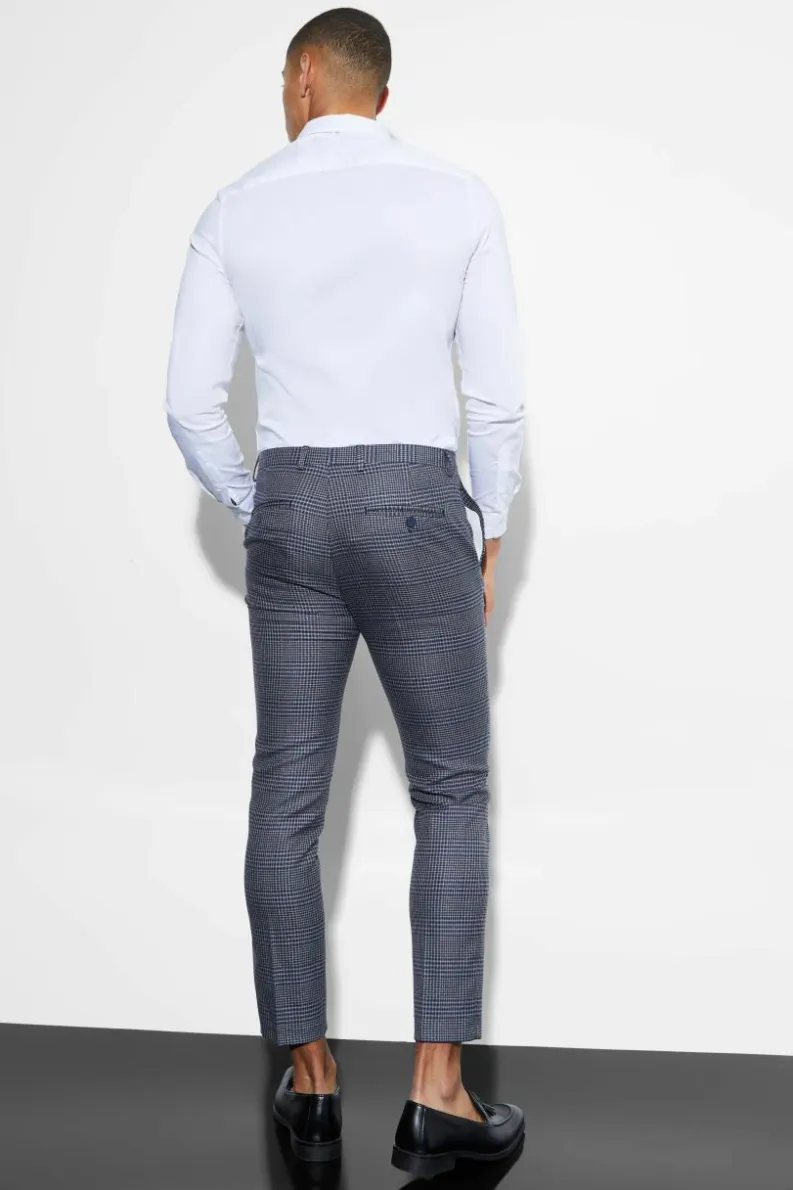 Cheap boohooMAN Skinny Fit Cropped Check Suit Trousers navy