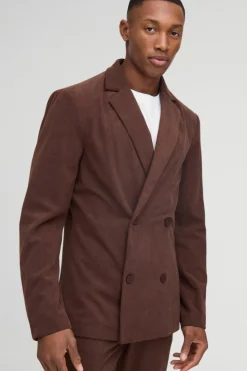 Outlet boohooMAN Skinny Fit Double Breasted Corduroy Blazer chocolate