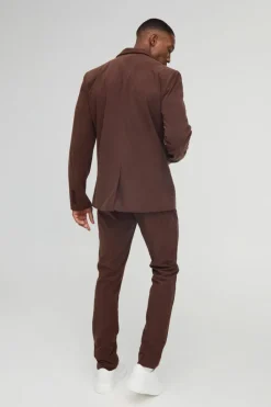 Outlet boohooMAN Skinny Fit Double Breasted Corduroy Blazer chocolate