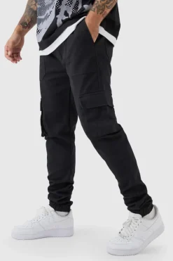 Sale boohooMAN Skinny Fit Elasticated Waist Cuffed Cargo Trousers black