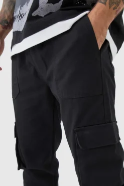 Sale boohooMAN Skinny Fit Elasticated Waist Cuffed Cargo Trousers black