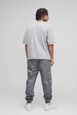 Cheap boohooMAN Skinny Fit Elasticated Waist Cuffed Cargo Trousers charcoal
