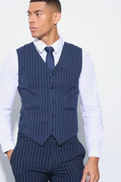 Discount boohoo Skinny Fit Pinstripe Double Breasted Suit navy